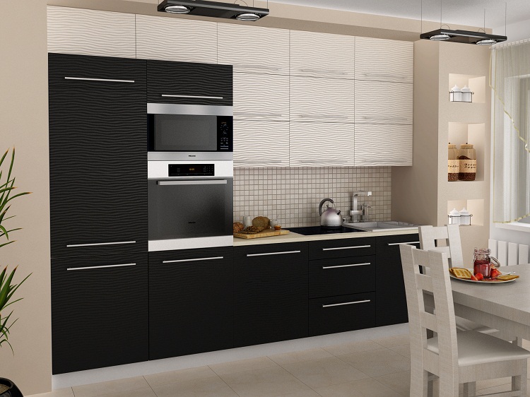 fronty MDF, klapy aluminiowe, aventos hf, szuflady tandembox z cichym domykiem, cokół aluminiopodobny, piekarnik i microfala zabudowane w słupku